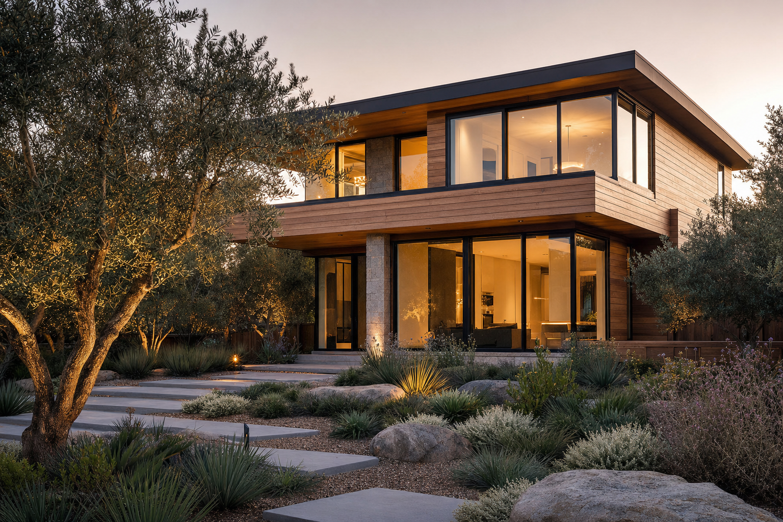 A modern infill single-family home in the San Francisco Peninsula at golden hour